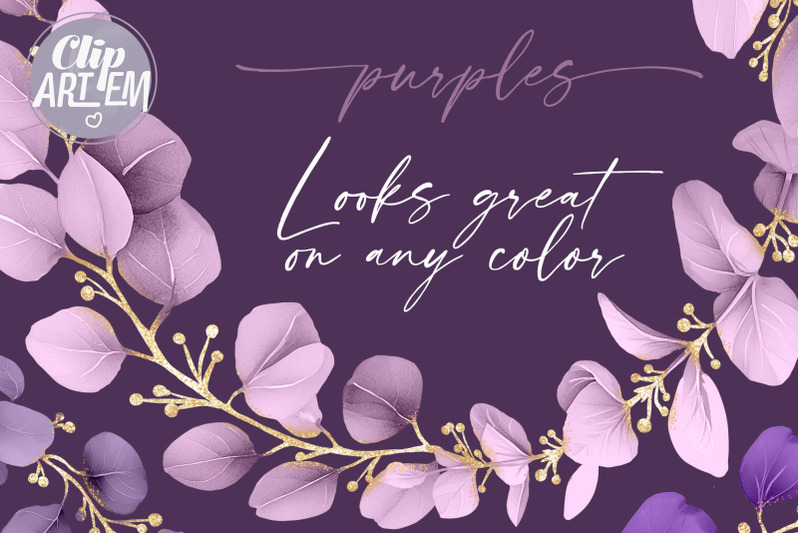 purple-gold-eucalyptus-wreath-bundle-4-png-digital-images-clip-art