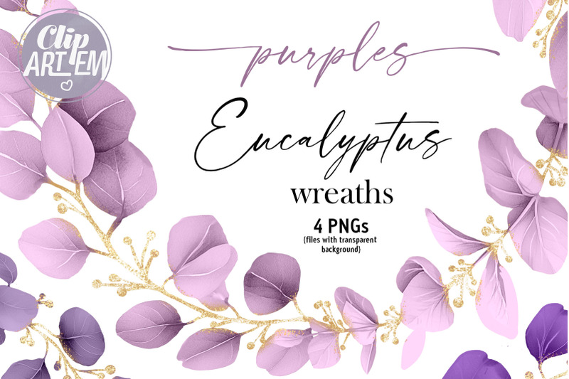 purple-gold-eucalyptus-wreath-bundle-4-png-digital-images-clip-art