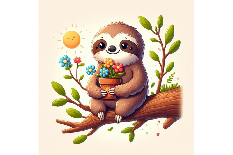 4-cute-sloth-with-a-pot-of-flowers