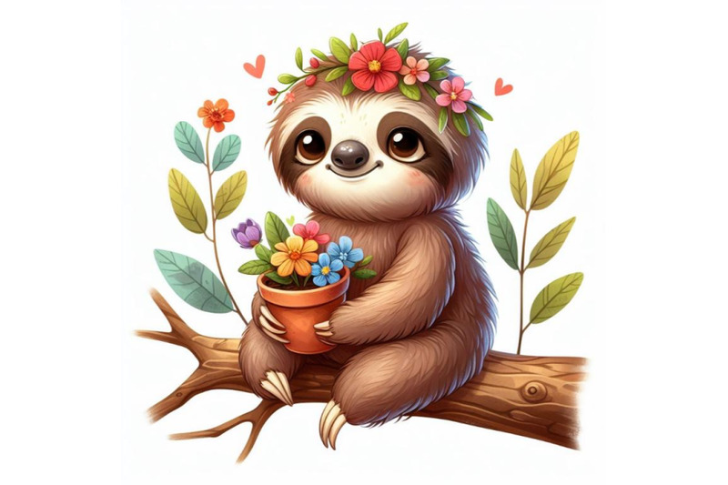 4-cute-sloth-with-a-pot-of-flowers