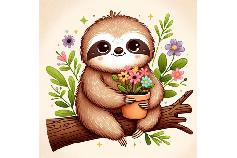 4-cute-sloth-with-a-pot-of-flowers