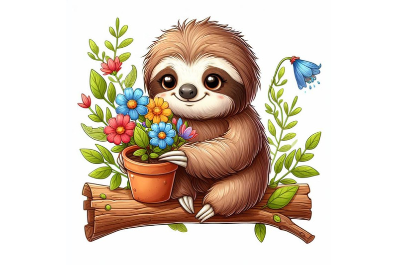 4-cute-sloth-with-a-pot-of-flowers