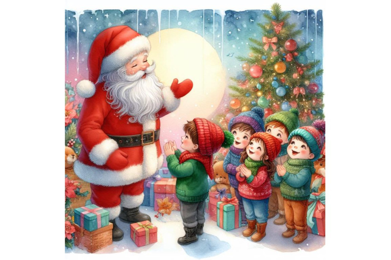 4-watercolor-kids-meet-santa-during-christmas-kids-joyfully-seeing-sa