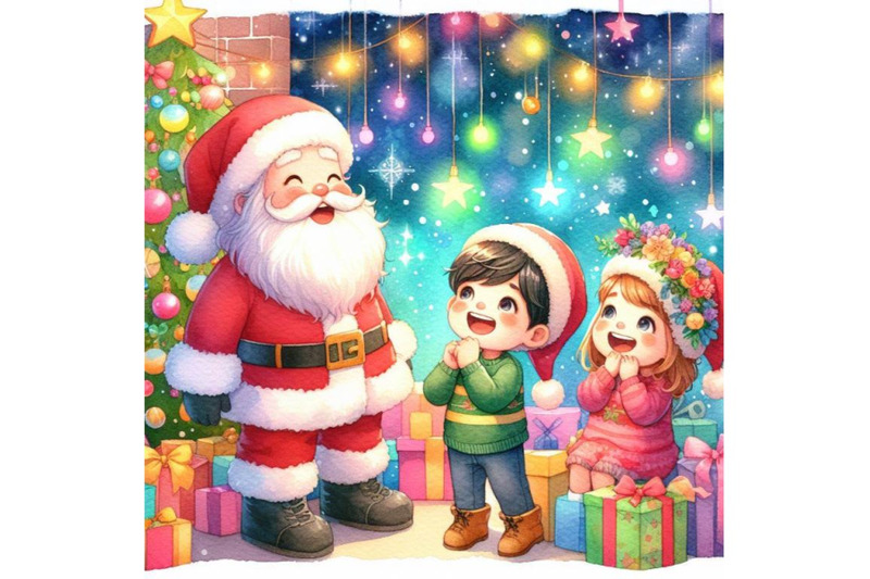 4-watercolor-kids-meet-santa-during-christmas-kids-joyfully-seeing-sa