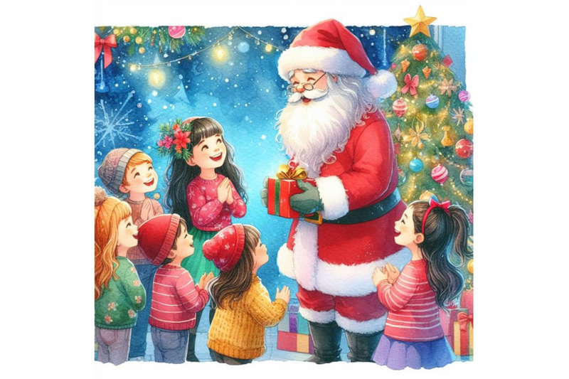 4-watercolor-kids-meet-santa-during-christmas-kids-joyfully-seeing-sa