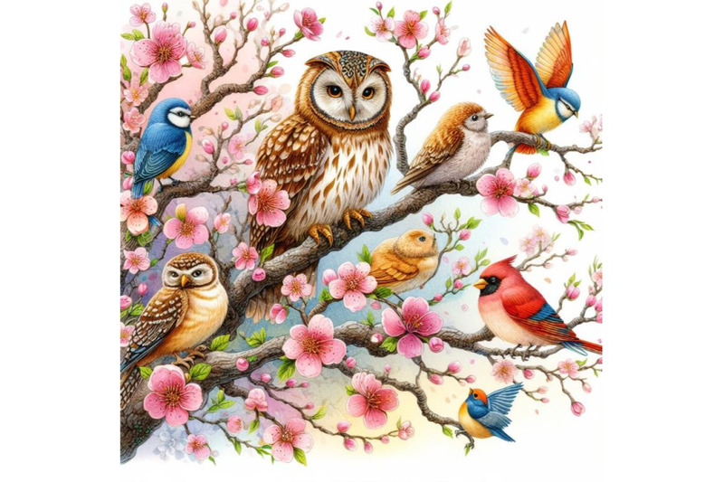 4-watercolor-blooming-tree-and-branches-with-sitting-owls-and-birds-co