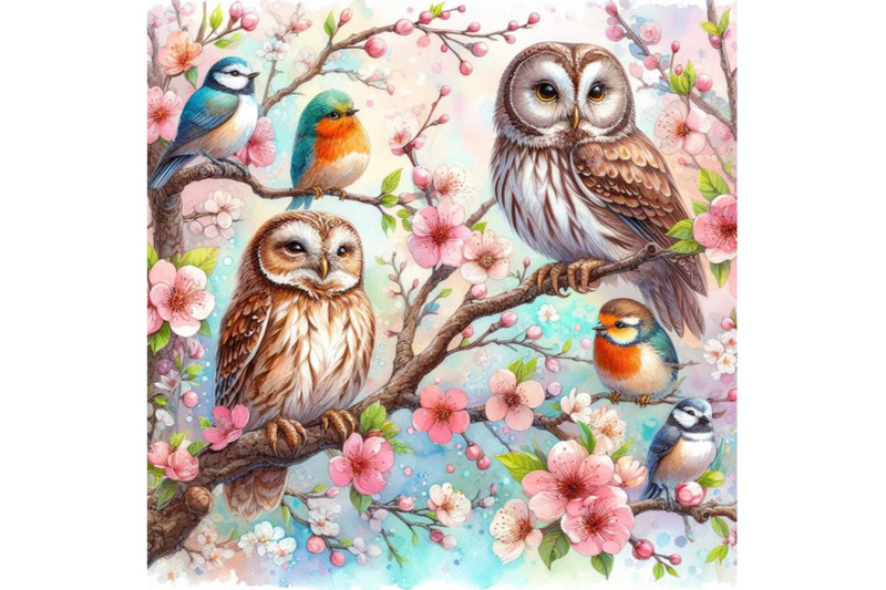 4-watercolor-blooming-tree-and-branches-with-sitting-owls-and-birds-co