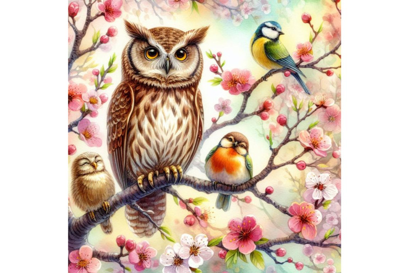 4-watercolor-blooming-tree-and-branches-with-sitting-owls-and-birds-co