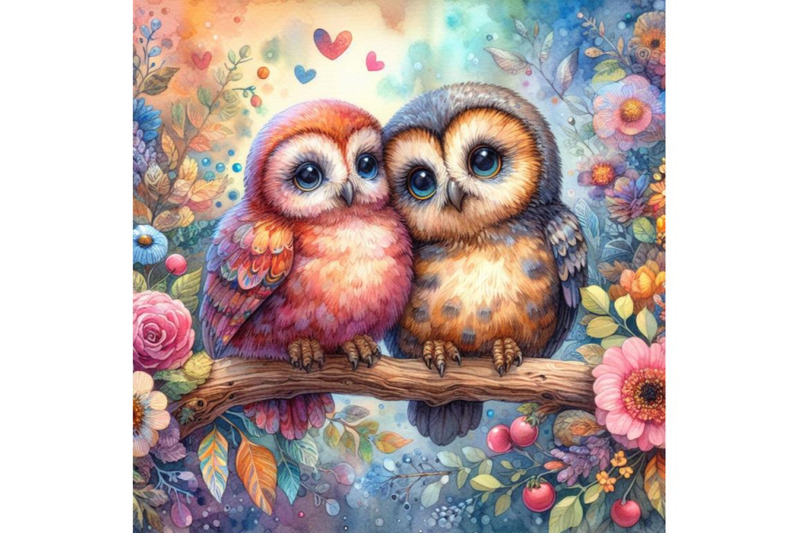 4-watercolor-owls-in-love-sitting-on-branch-colorful-background