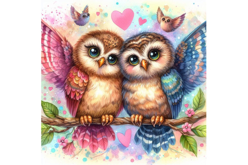 4-watercolor-owls-in-love-sitting-on-branch-colorful-background