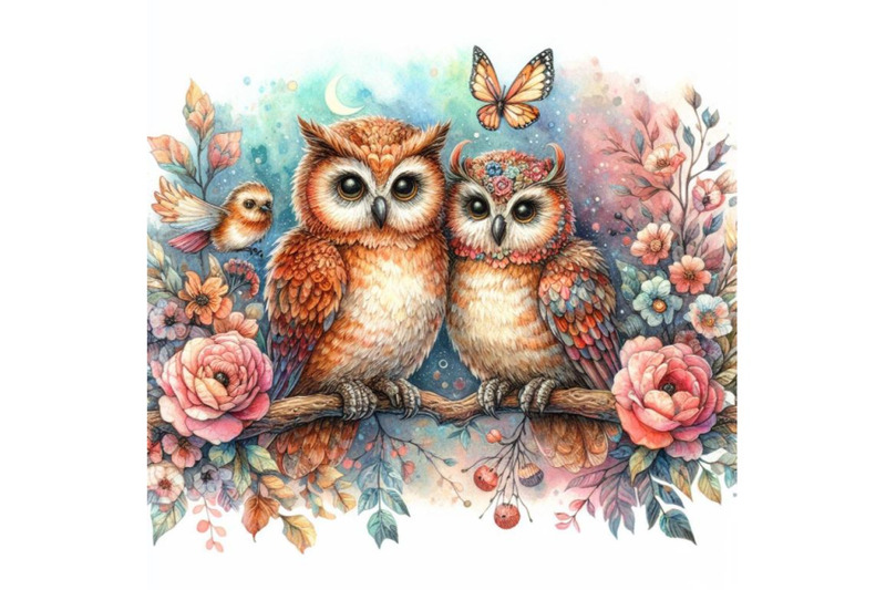 4-watercolor-owls-in-love-sitting-on-branch-colorful-background