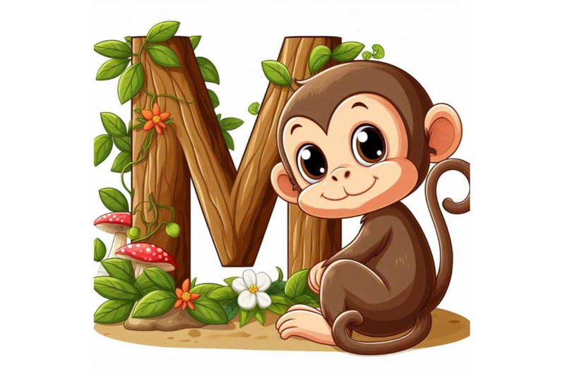 4-animal-alphabet-m-with-monkey-on-white-background