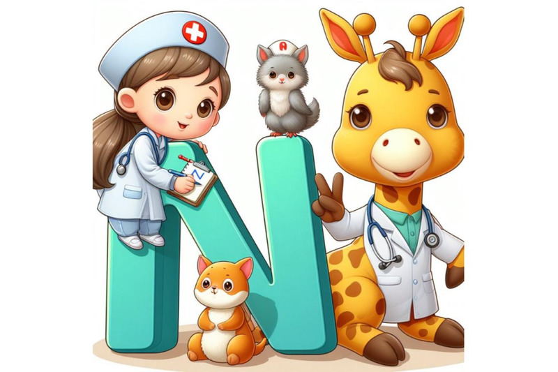 4-animal-alphabet-n-with-nurse-on-white-background