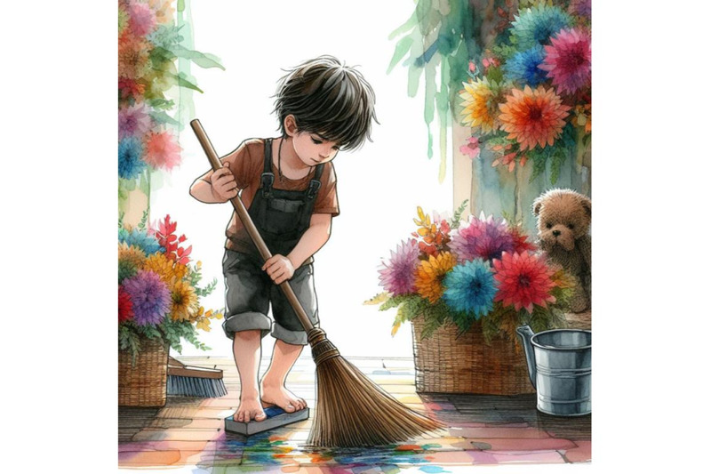 4-a-boy-diligently-sweep-floor-colorful-background