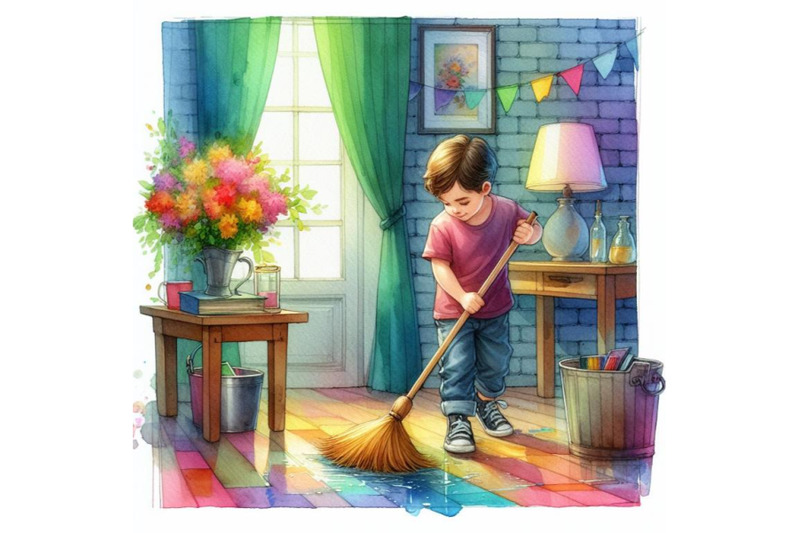 4-a-boy-diligently-sweep-floor-colorful-background