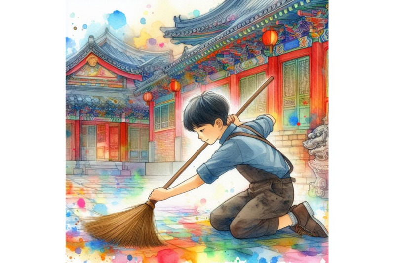 4-a-boy-diligently-sweep-floor-colorful-background