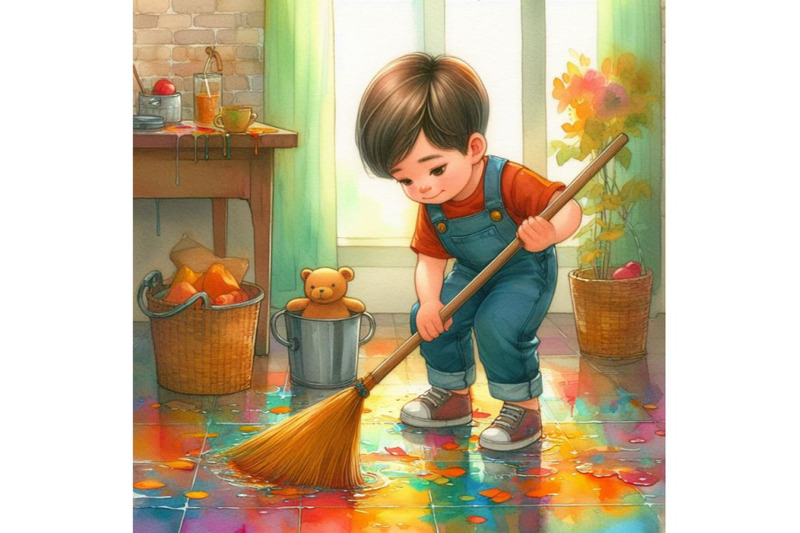 4-a-boy-diligently-sweep-floor-colorful-background