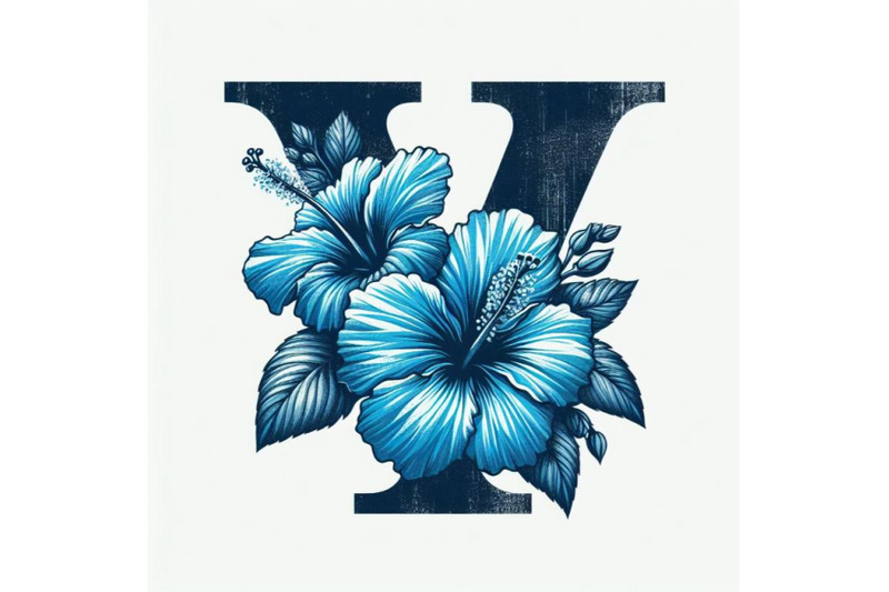 4-illustration-of-blue-hibiscus-grunge-vintage-alphabet-v-on-white-ba