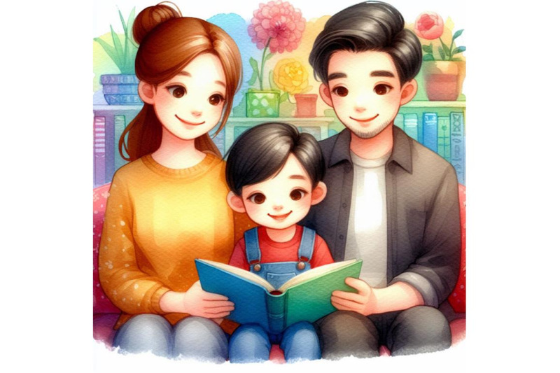 4-watercolor-cartoon-mother-father-and-son-reading-a-book-together-co