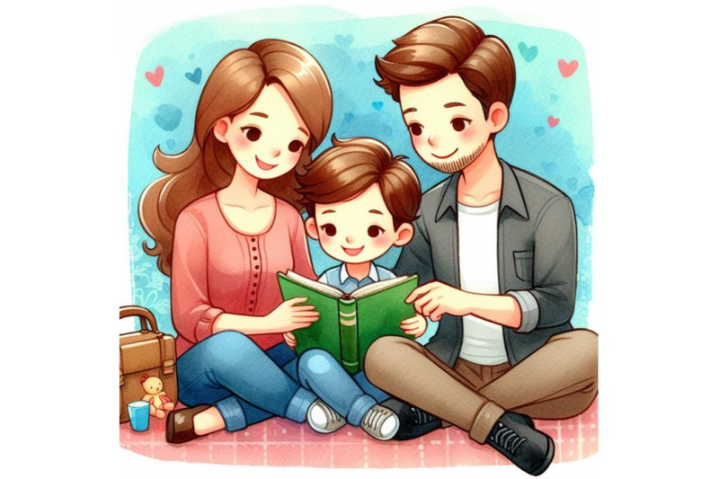 4-watercolor-cartoon-mother-father-and-son-reading-a-book-together-co