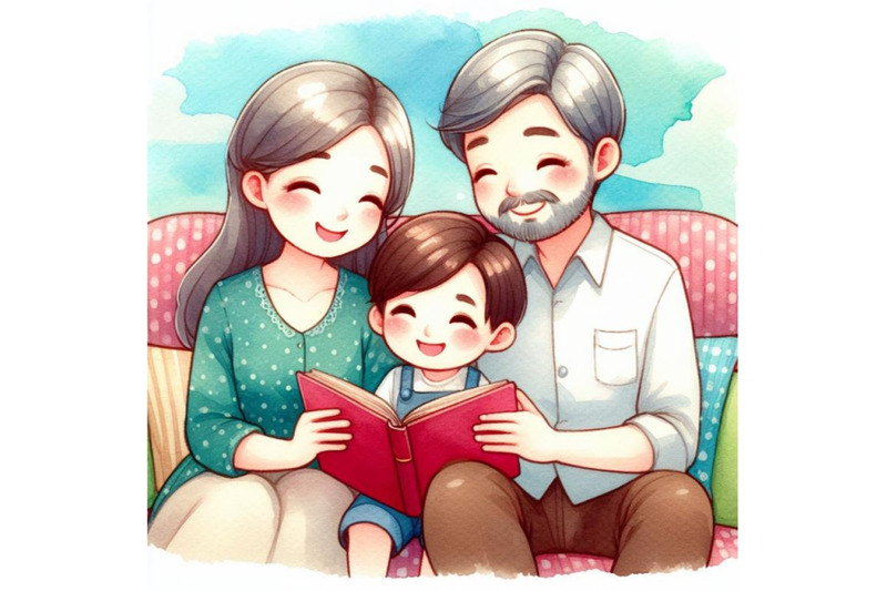 4-watercolor-cartoon-mother-father-and-son-reading-a-book-together-co