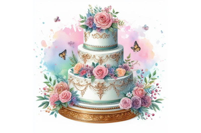 4-watercolor-wedding-cake-on-white-background-colorful-background