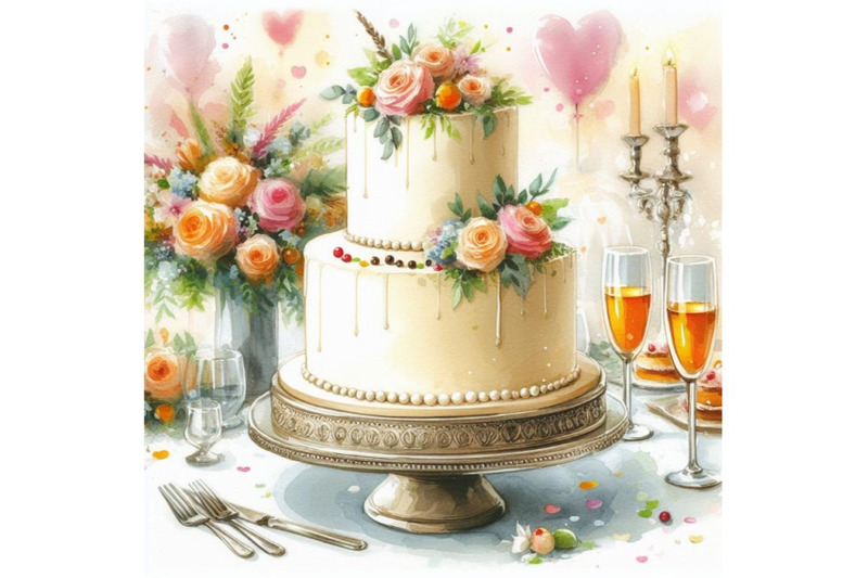 4-watercolor-wedding-cake-on-white-background-colorful-background