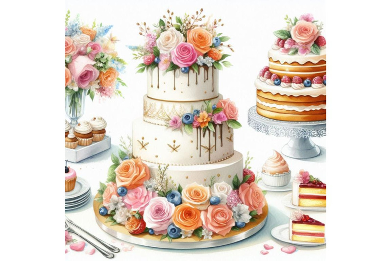 4-watercolor-wedding-cake-on-white-background-colorful-background