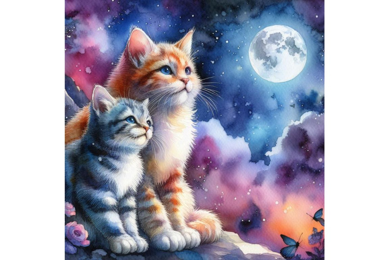 4-watercolor-couple-of-cats-watching-the-moonlight-colorful-background