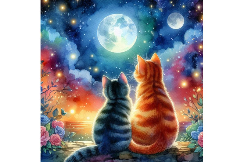 4-watercolor-couple-of-cats-watching-the-moonlight-colorful-background