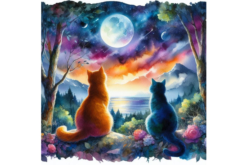 4-watercolor-couple-of-cats-watching-the-moonlight-colorful-background