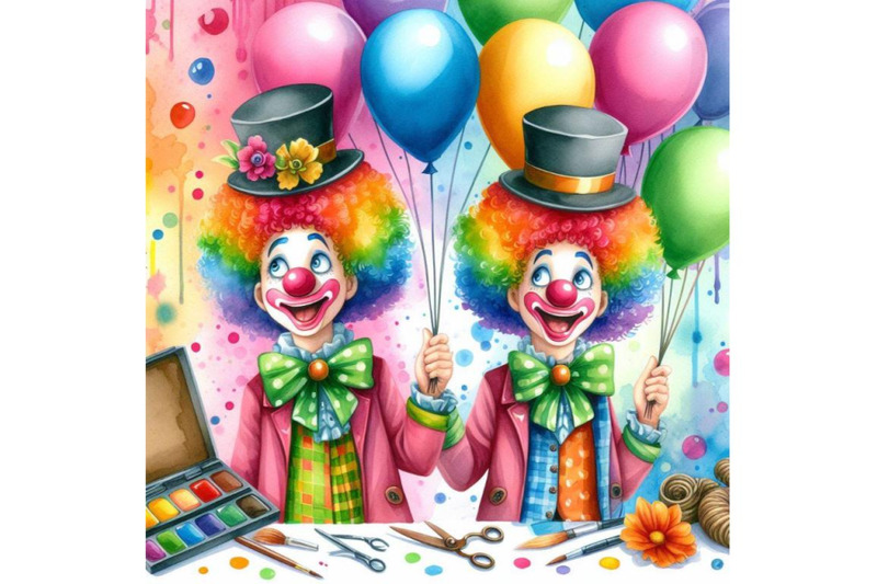 4-watercolor-funny-clown-with-ballons-colorful-background