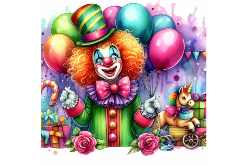 4-watercolor-funny-clown-with-ballons-colorful-background