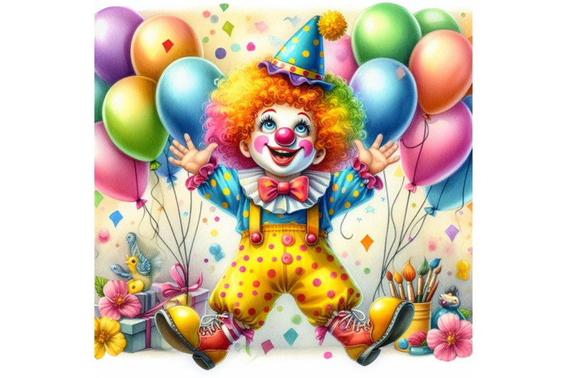 4-watercolor-funny-clown-with-ballons-colorful-background