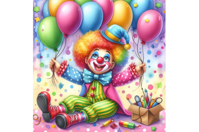 4-watercolor-funny-clown-with-ballons-colorful-background