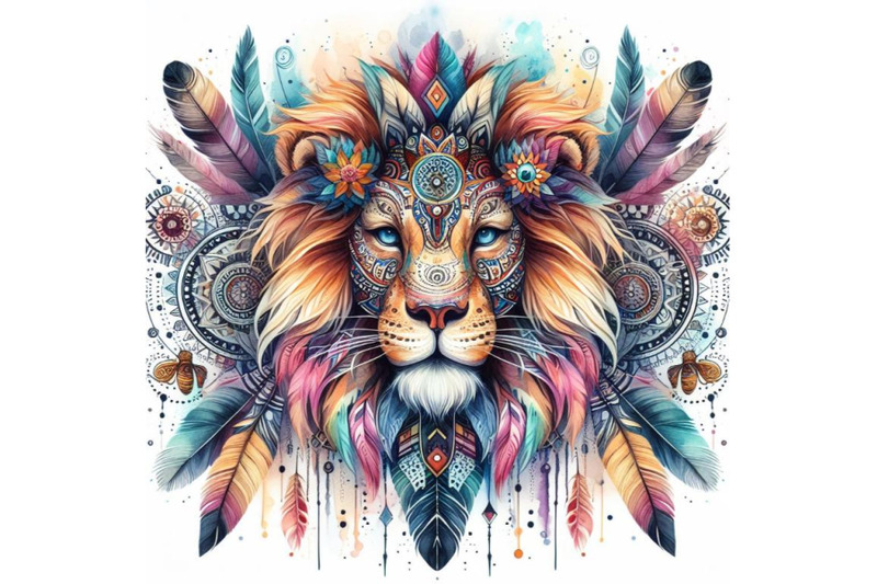 4-watercolor-animal-tribal-face-lion-colorful-background