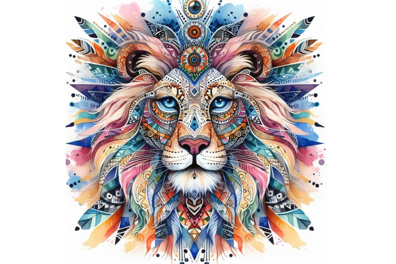 4-watercolor-animal-tribal-face-lion-colorful-background