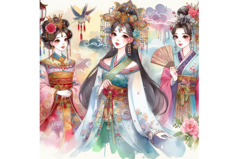 4-watercolor-princess-in-different-costumes-colorful-background