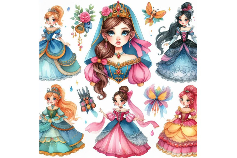 4-watercolor-princess-in-different-costumes-colorful-background