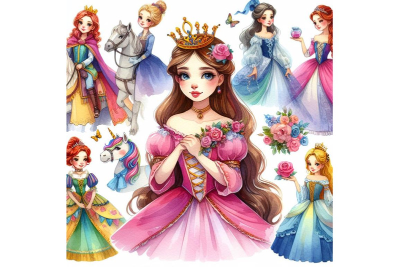 4-watercolor-princess-in-different-costumes-colorful-background