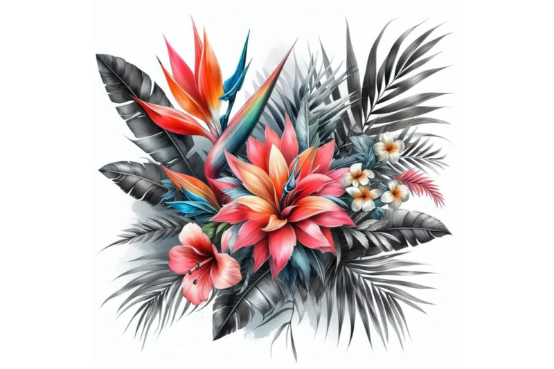 4-watercolor-tropical-coral-flowers-and-leaves-on-black-and-white-back