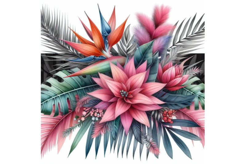 4-watercolor-tropical-coral-flowers-and-leaves-on-black-and-white-back