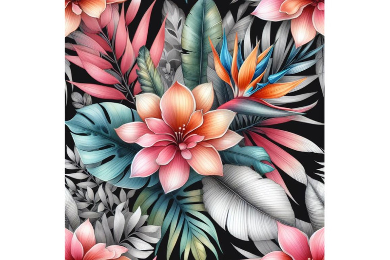 4-watercolor-tropical-coral-flowers-and-leaves-on-black-and-white-back