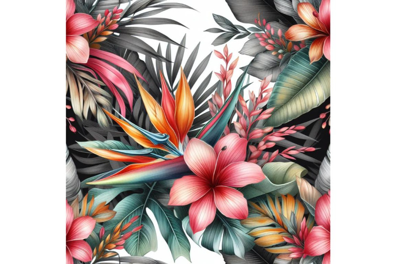 4-watercolor-tropical-coral-flowers-and-leaves-on-black-and-white-back