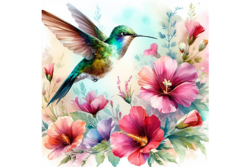 4-watercolor-hummingbird-flying-around-flowers-colorful-background