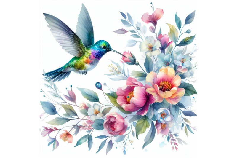 4-watercolor-hummingbird-flying-around-flowers-colorful-background