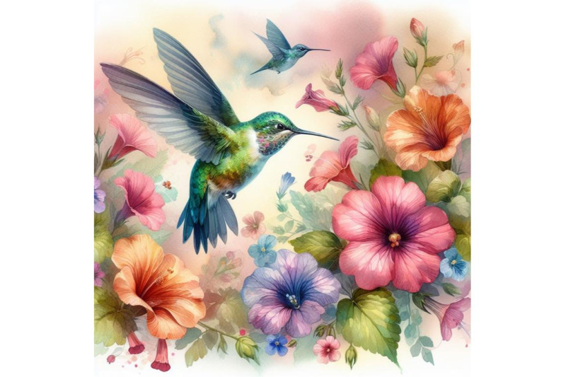 4-watercolor-hummingbird-flying-around-flowers-colorful-background