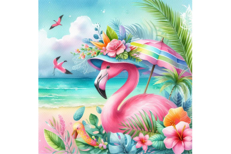 4-watercolor-cute-flamingo-with-tropical-summer-colorful-background