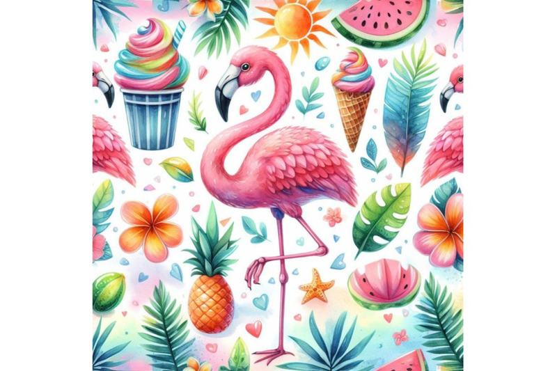 4-watercolor-cute-flamingo-with-tropical-summer-colorful-background