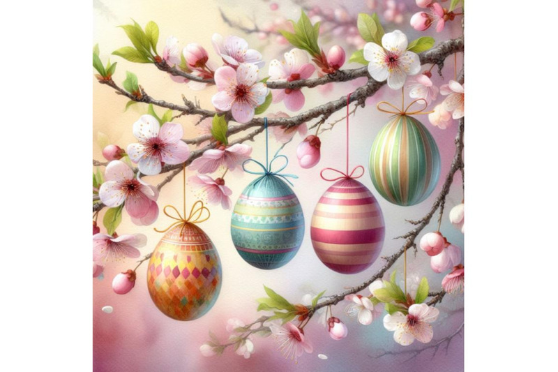 4-watercolor-easter-eggs-hanging-on-plum-branch-colorful-background